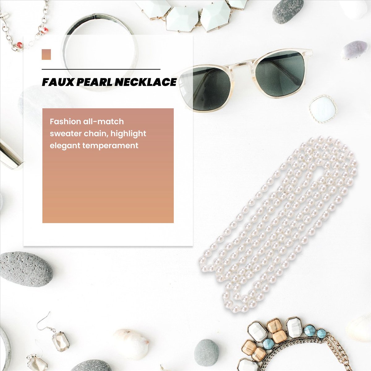 Pearl Necklace - ABQR フェイクパール ロングセーターチェーンネックレス ホワイト