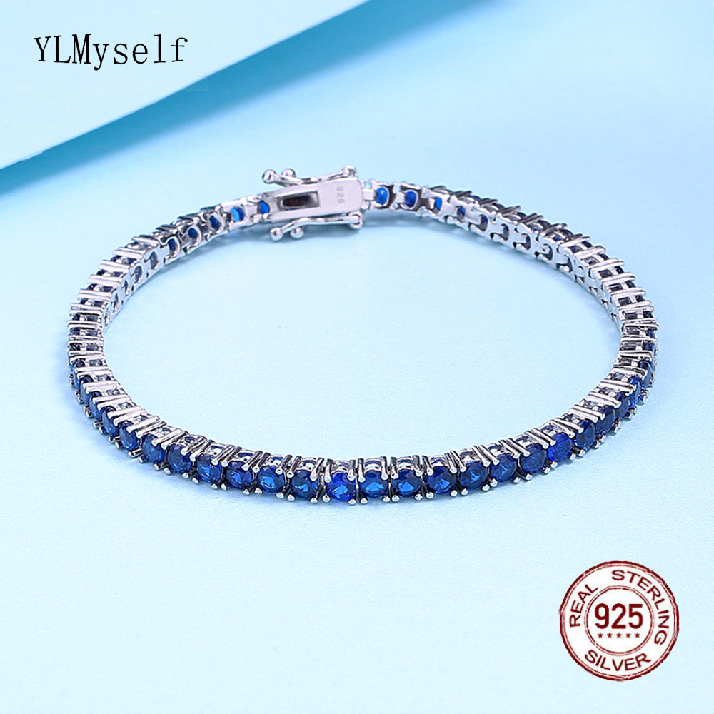 Tennis Bracelet Cubic - 男性と女性のための純粋な925シルバーテニスブレスレット,3mm舗装,パープル,ブルーサファイア,キュービックジルコニア,美しいジュエリー,本物,15〜20 cm