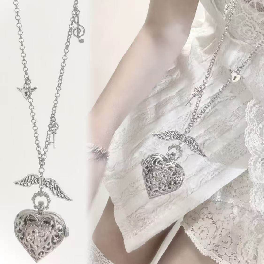 Vintage Jewelry Watches Women - Y2K ホローハート懐中時計チェーンネックレスデザイン スチームパンク時計 ヴィンテージペンダントジュエリー キーチェーンウォッチ バレンタインデーギフト