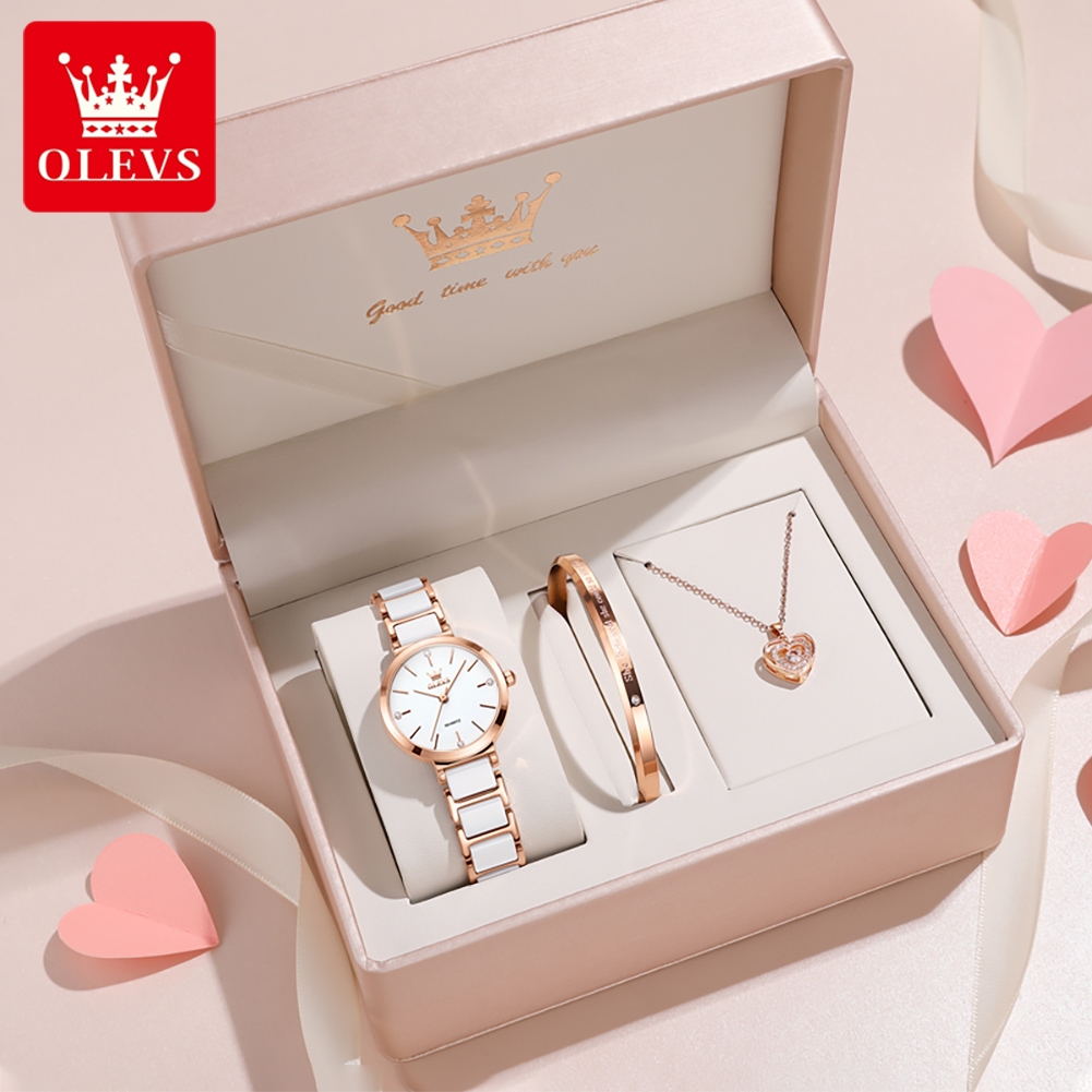 Jewellery Watch - OLEVSレディース腕時計5877高級エレガントクォーツ腕時計防水夜光セラミックストラップレディース腕時計ブレスレットセットギフトボックス時計