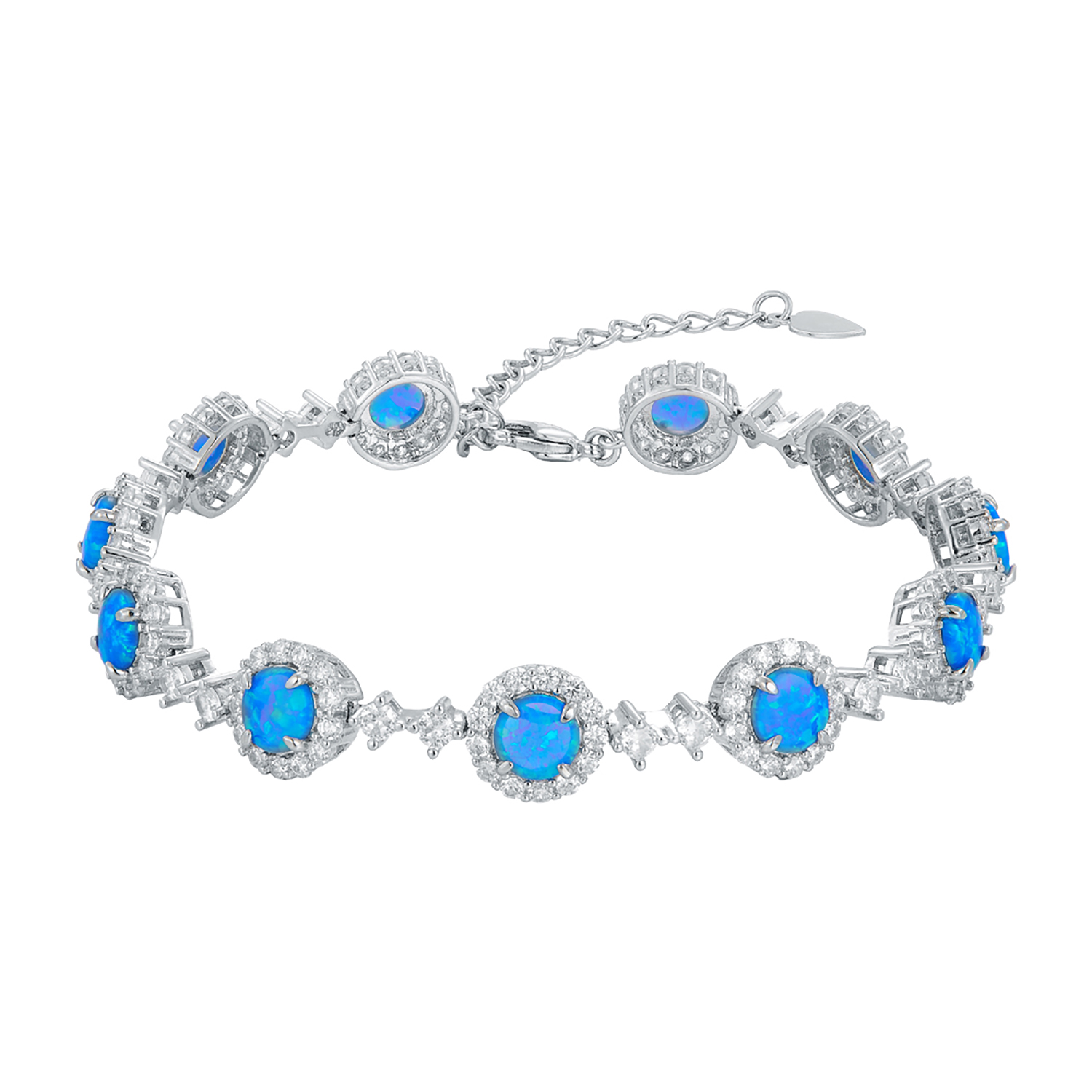 Tennis Bracelet Cubic - 繊細なラウンドブルーファイアーオパールテニスブレスレット、キュービックジルコニアアクセント象嵌スタッカブルジュエリー（女性用）、普段使いできるシックなアクセサリーギフト