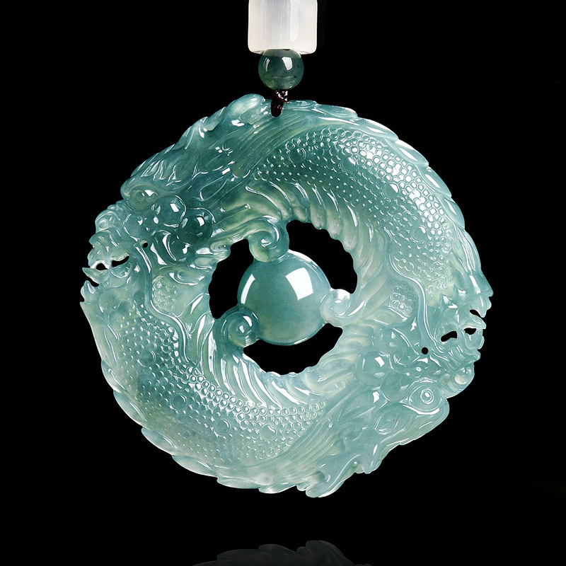 Necklace Pendant - 天然本物のエメラルドブルーウォータージェイドダブルドラゴンブランドペンダントネックレス彫刻翡翠ジュエリーファッションお守りギフト券