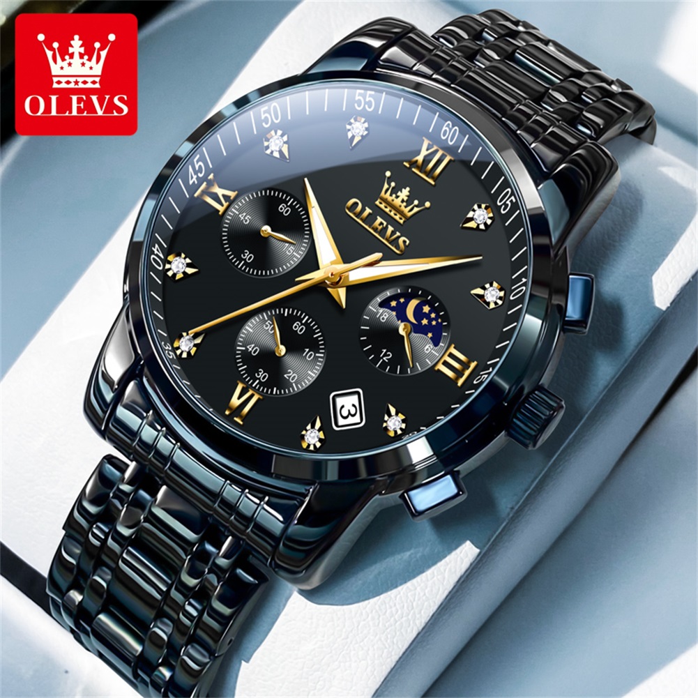 Jewelry Style Watches - OLEVS 人気のメンズ腕時計ステンレススチールブラックムーンフェイズクロノグラフクォーツ時計男性日付オリジナルブランド腕時計