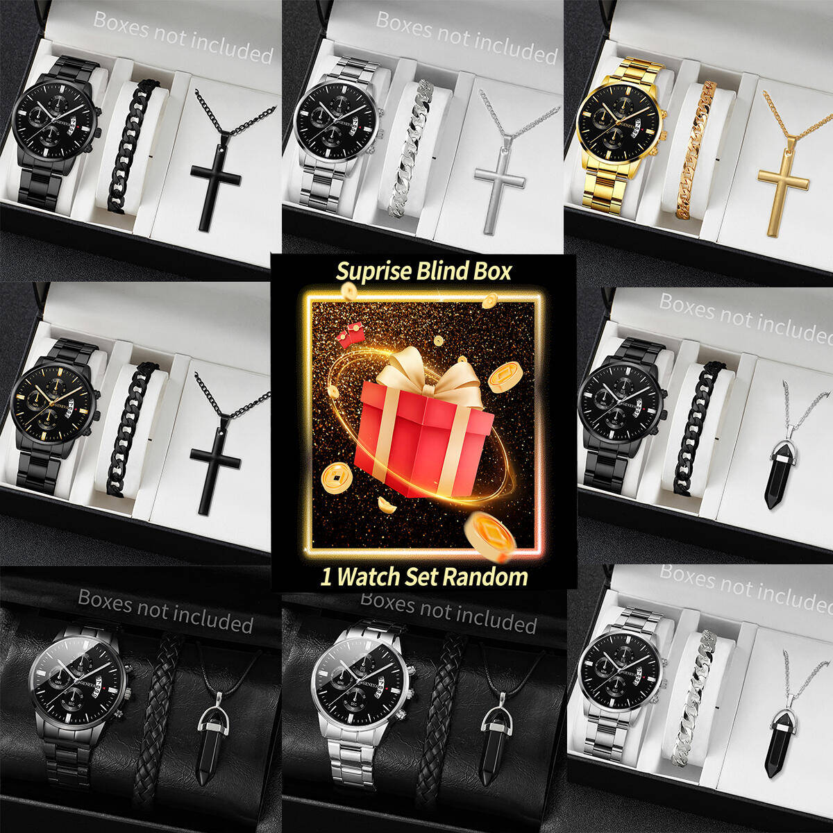 Jewellery Watch - サプライズミステリーウォッチブラインドボックス-3個/セットファッションメンズカレンダークォーツ時計ジュエリーセットReloj Hombre（箱なし）