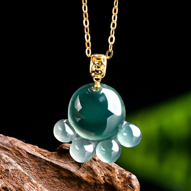 Necklace Pendant - 天然本物のエメラルドブルーウォータージェイド猫の足ペンダントネックレス彫刻翡翠ジュエリーファッションお守りギフト証明書女性