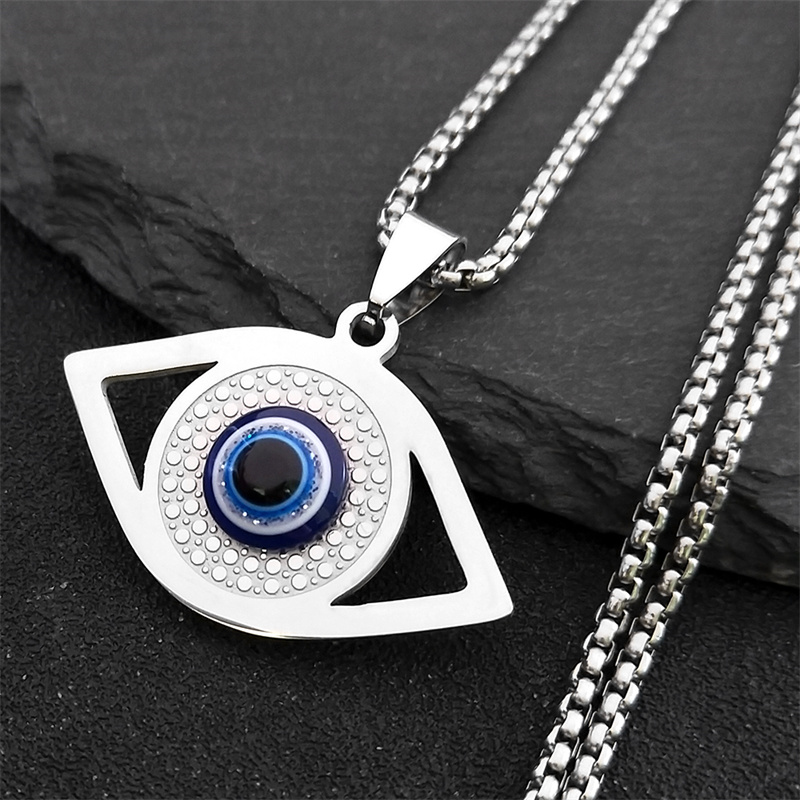 Jewelry & Watches Vitopoulos - イスラム ハムサ 邪視除けブルーアイネックレス ステンレススチール トルコアイ チェーンブレスレット