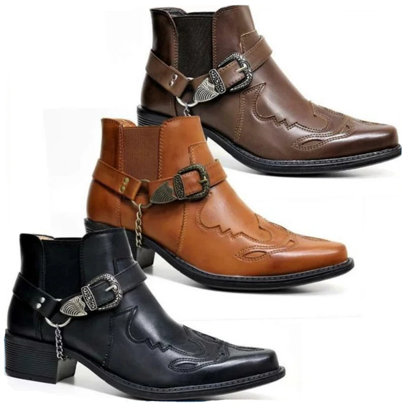 Anklet Foot Chain - 2026年メンズヴィンテージカウボーイブーツ、レザーハイカットチェーンバックルストラップパンクシューズ、ポインテッドトゥバイカーアンクルブーツ