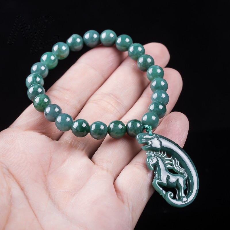 天然翡翠ブルーウォーター干支馬ビーズ手編みブレスレット高級ジ - Jewelry & Watches Vitopoulos のレビューと価格