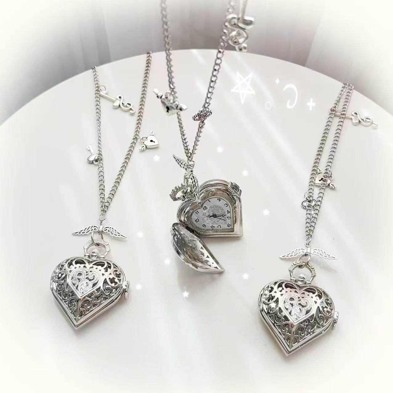 Y2K ホローハート懐中時計チェーンネックレスデザイン スチ - Vintage Jewelry Watches Women のレビューと価格