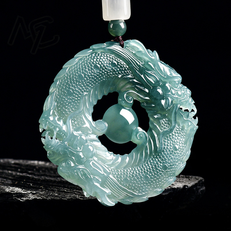 天然本物のエメラルドブルーウォータージェイドダブルドラゴンブ - Necklace Pendant のレビューと価格
