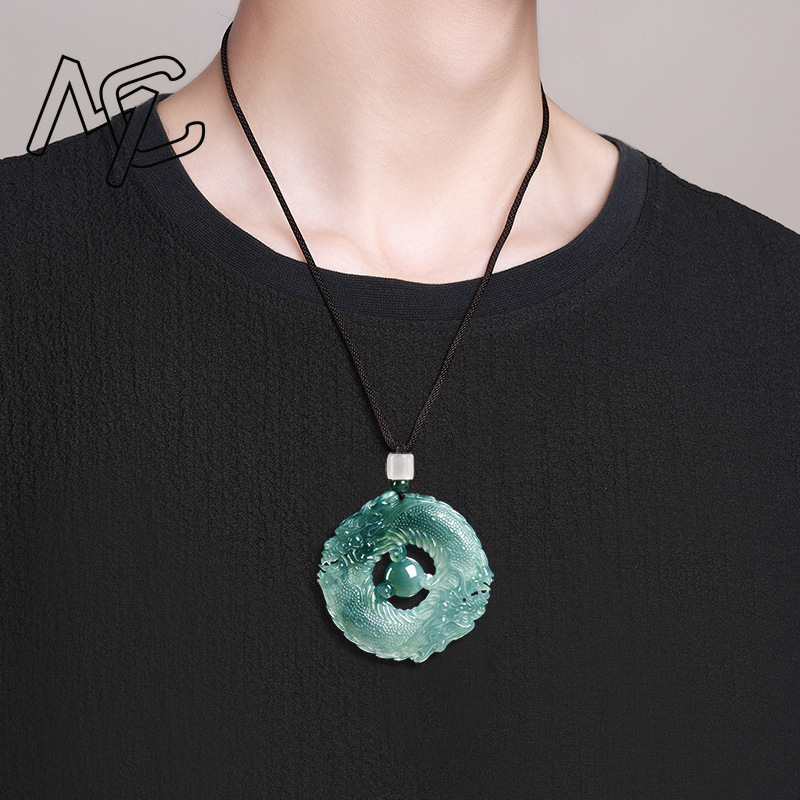 天然本物のエメラルドブルーウォータージェイドダブルドラゴンブ - Necklace Pendant のレビューと価格