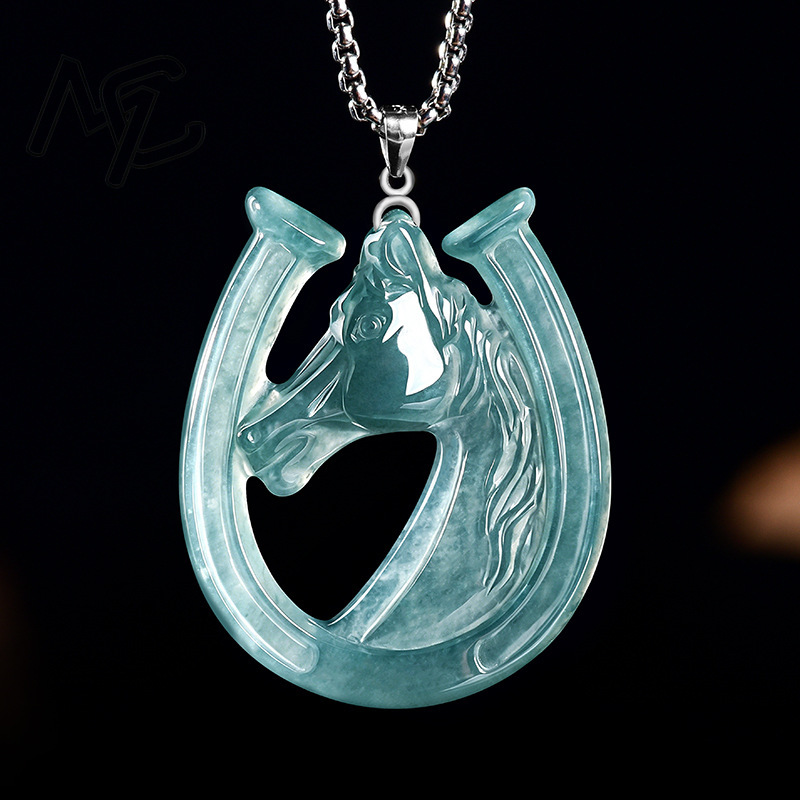 S925シルバー天然ブルーウォータージェイド馬蹄ペンダントネ - Necklace Pendant のレビューと価格